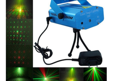 Προβολέας laser 17782 με τρίποδο, τροφοδοτικό ρεύματος και παραδείγματα φωτισμού σε επιφάνειες.