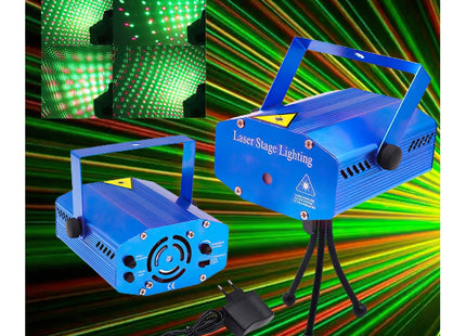 Μπλε προβολέας laser με μεταλλική βάση, εύκαμπτο τρίποδο, τροφοδοτικό και παραδείγματα κόκκινου και πράσινου φωτισμού.