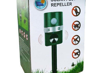 Συσκευασία Solar Pest Repeller με εικόνα πράσινης συσκευής κήπου και σύμβολα ζώων.
