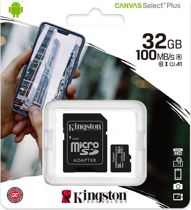 Kingston Canvas Select Plus microSDHC 32GB Class 10 U1 V10 A1 UHS-I με αντάπτορα