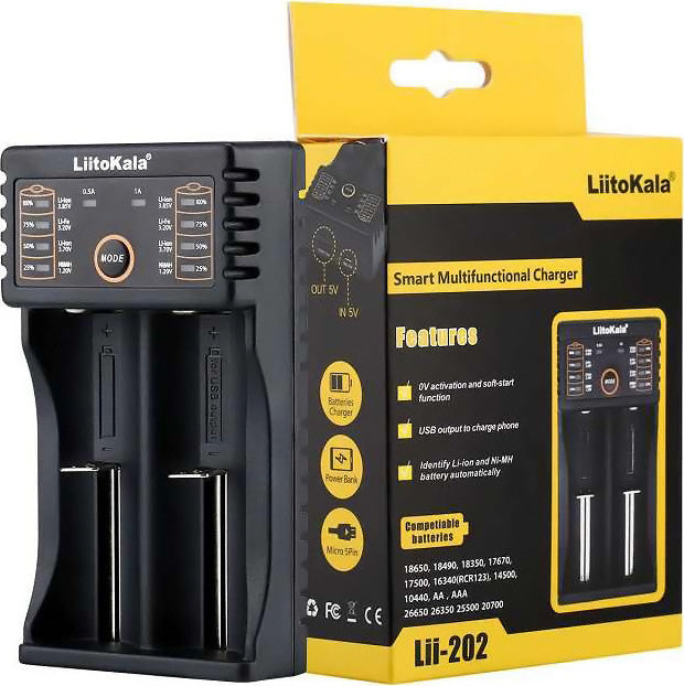 LiitoKala LII-202 USB Φορτιστής 2 Μπαταριών Li-ion/Ni-Cd/Ni-MH Μεγέθους AA/AAA/18650/16340/26650/14500