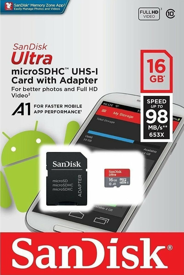 Sandisk Ultra microSDHC 16GB Class 10 U1 A1 UHS-I με αντάπτορα
