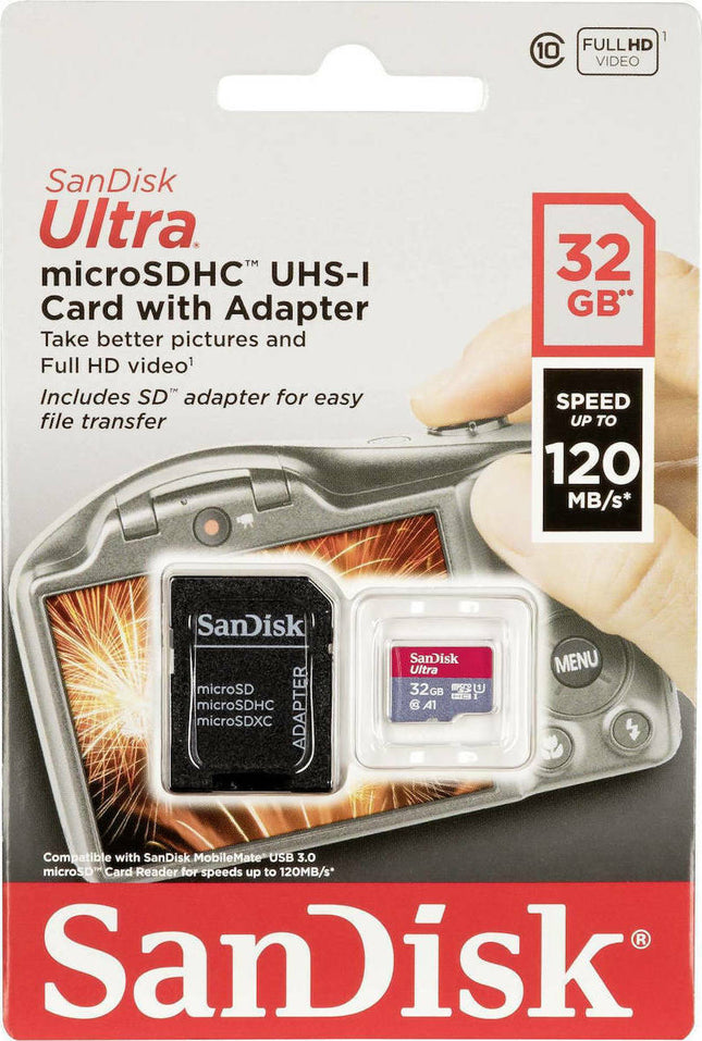 Sandisk Ultra microSDHC 32GB Class 10 U1 A1 UHS-I με αντάπτορα