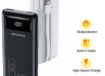 Awei P168K power bank with built-in Type-C and Lightning cables