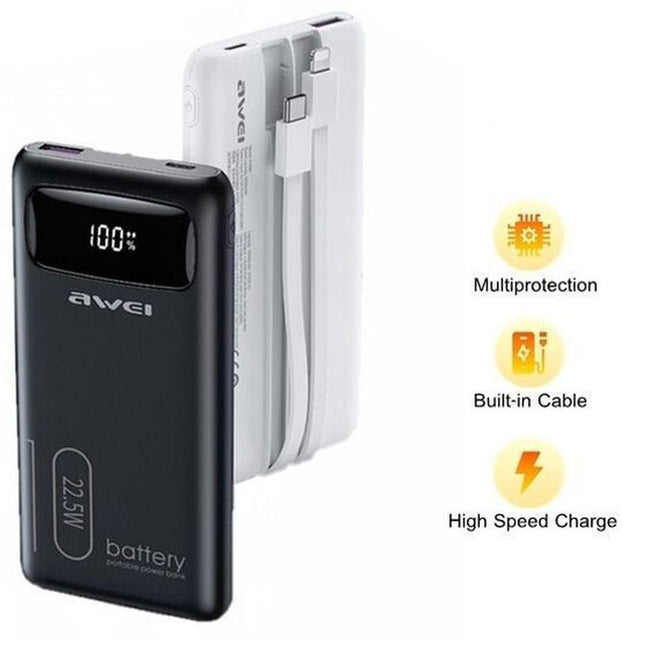Awei P168K power bank with built-in Type-C and Lightning cables