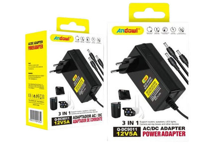 Συσκευασία Andowl Q-DC9011 universal τροφοδοτικό 12V 5A με σετ βυσμάτων