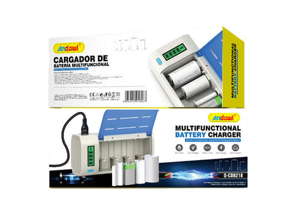 Andowl Q-CD2818 Φορτιστής 4 Μπαταριών Ni-MH Μεγέθους AA/AAA/9V/D σε Ασημί χρώμα