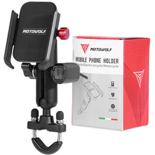 Motowolf Βάση Κινητού Μοτοσυκλέτας με Ρυθμιζόμενο Βραχίονα για το Τιμόνι με Φόρτιση MDL2821B
