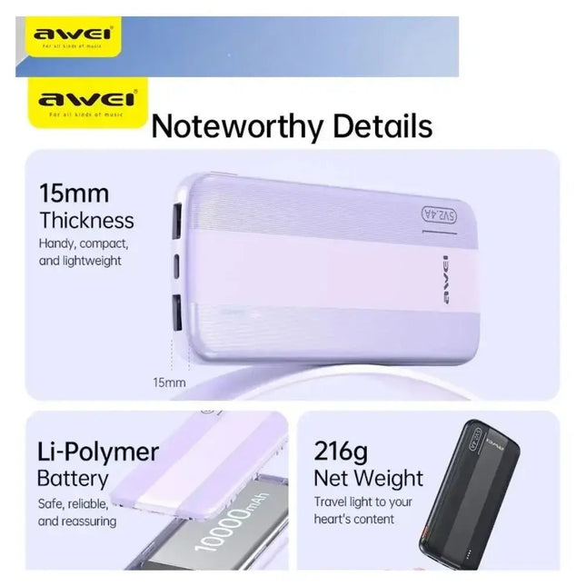 Awei P20K portable charger battery LED indicators white