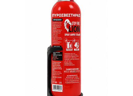 Πίσω όψη κόκκινου πυροσβεστήρα LION 750ml με οδηγίες χρήσης και βάση
