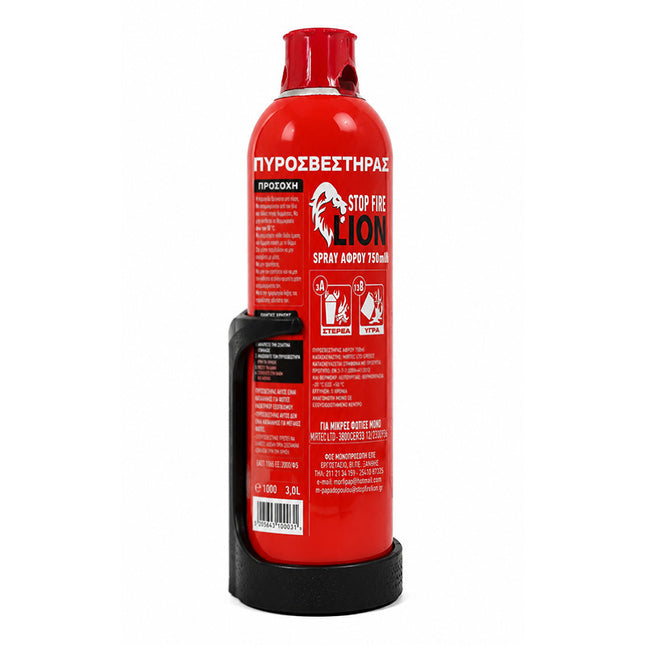 Πίσω όψη κόκκινου πυροσβεστήρα LION 750ml με οδηγίες χρήσης και βάση