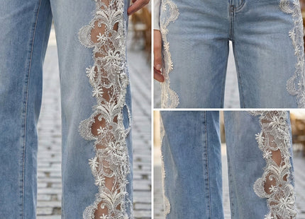Γυναικείο Ψηλόμεσο Τζιν Παντελόνι σε Wide-Leg Γραμμή με Λευκή Δαντέλα