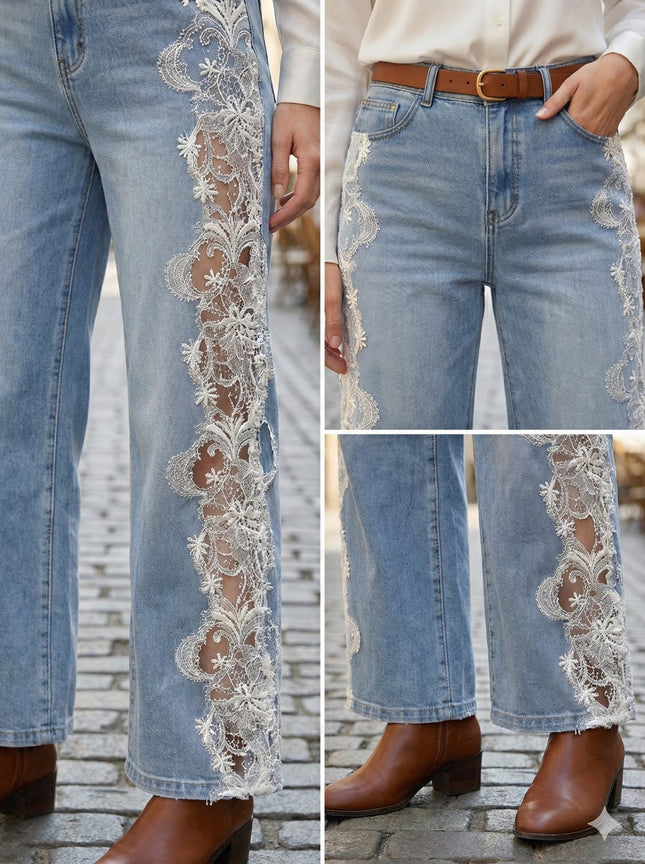 Γυναικείο Ψηλόμεσο Τζιν Παντελόνι σε Wide-Leg Γραμμή με Λευκή Δαντέλα