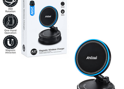 Andowl A37 Magnetic Wireless Charger μαζί με τη συσκευασία που αναγράφει 25W, περιστροφή 360 μοιρών και μαγνητική συγκράτηση.