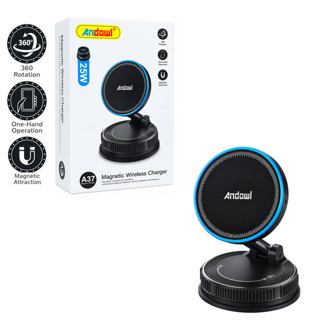 Andowl A37 Magnetic Wireless Charger μαζί με τη συσκευασία που αναγράφει 25W, περιστροφή 360 μοιρών και μαγνητική συγκράτηση.