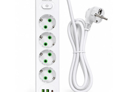 Λευκό πολύπριζο Andowl PX8B με 4 πρίζες Schuko, 2 USB-A, USB-C και διακόπτη