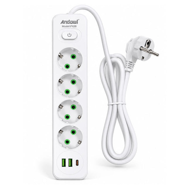 Λευκό πολύπριζο Andowl PX8B με 4 πρίζες Schuko, 2 USB-A, USB-C και διακόπτη