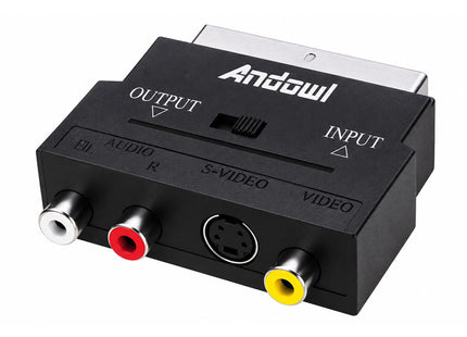 Μαύρος αντάπτορας Andowl Q-HD28 με βύσμα SCART, διακόπτη Input Output, υποδοχές RCA ήχου και βίντεο και υποδοχή S-Video.
