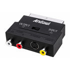 Μαύρος αντάπτορας Andowl Q-HD28 με βύσμα SCART, διακόπτη Input Output, υποδοχές RCA ήχου και βίντεο και υποδοχή S-Video.