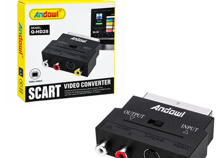 Αντάπτορας Andowl Q-HD28 SCART με τη λευκή και κίτρινη συσκευασία του, υποδοχές RCA και S-Video.