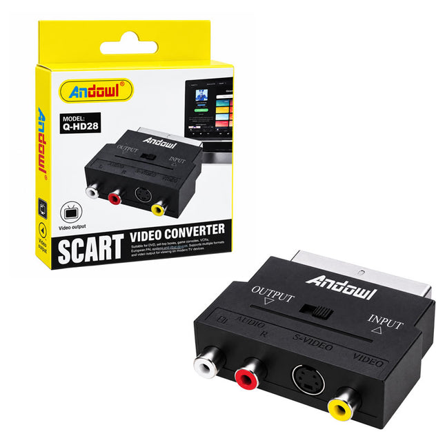 Αντάπτορας Andowl Q-HD28 SCART με τη λευκή και κίτρινη συσκευασία του, υποδοχές RCA και S-Video.