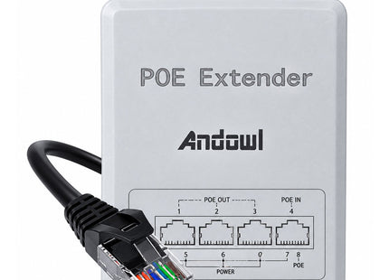 Γκρι Andowl Q-PE01 PoE Extender με ενσωματωμένο καλώδιο RJ45, μία θύρα PoE In, τρεις θύρες PoE Out και οπές στερέωσης.