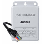 Γκρι Andowl Q-PE01 PoE Extender με ενσωματωμένο καλώδιο RJ45, μία θύρα PoE In, τρεις θύρες PoE Out και οπές στερέωσης.