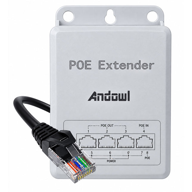 Γκρι Andowl Q-PE01 PoE Extender με ενσωματωμένο καλώδιο RJ45, μία θύρα PoE In, τρεις θύρες PoE Out και οπές στερέωσης.