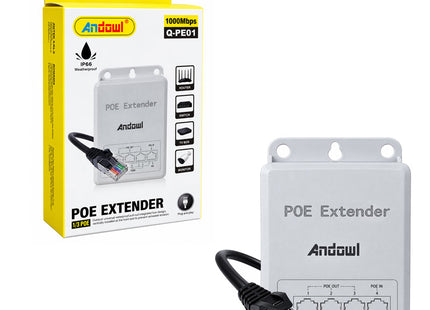 Andowl Q-PE01 PoE Extender μαζί με την κίτρινη και λευκή συσκευασία που αναγράφει 1000Mbps, IP66 και διάταξη 1 προς 3 PoE.