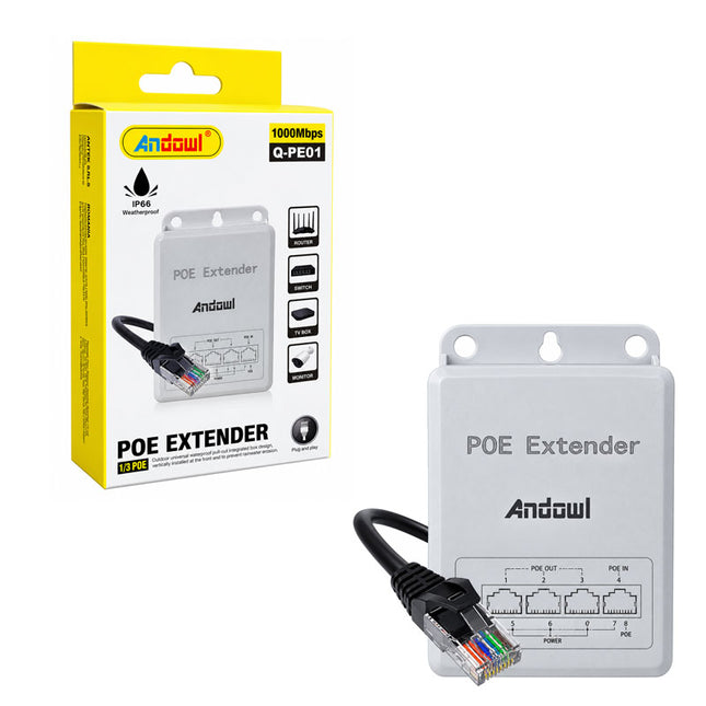 Andowl Q-PE01 PoE Extender μαζί με την κίτρινη και λευκή συσκευασία που αναγράφει 1000Mbps, IP66 και διάταξη 1 προς 3 PoE.