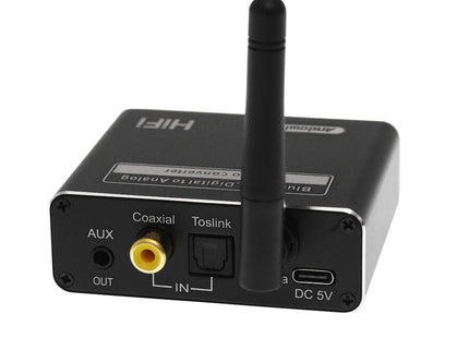 Πίσω όψη Andowl Q-T231 με έξοδο AUX, εισόδους Coaxial και Toslink και τροφοδοσία USB-C DC 5V