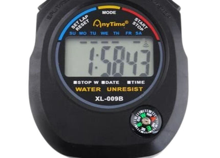 Μαύρο ψηφιακό χρονόμετρο AnyTime XL-009B με LCD οθόνη και μικρή αναλογική πυξίδα.