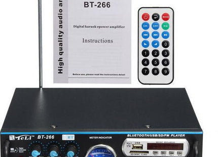 Ενισχυτής karaoke BT-266 με τηλεχειριστήριο, τηλεσκοπική κεραία και εγχειρίδιο οδηγιών.