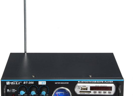Μαύρος ενισχυτής karaoke BT-266 σε μπροστινή όψη με τηλεσκοπική κεραία και φωτιζόμενο μετρητή.