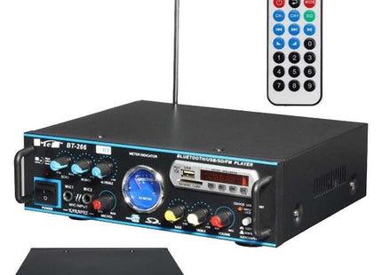 Μαύρος ενισχυτής karaoke BT-266 με τηλεχειριστήριο, κεραία, μπροστινό πίνακα χειρισμού και πίσω συνδέσεις.