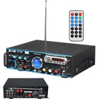 Μαύρος ενισχυτής karaoke BT-266 με τηλεχειριστήριο, κεραία, μπροστινό πίνακα χειρισμού και πίσω συνδέσεις.