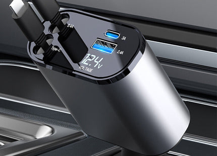 Φορτιστής αυτοκινήτου γκρι με θύρες USB και Type-C και ενσωματωμένα καλώδια Lightning και Type-C