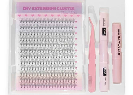 Ανοιχτό σετ DIY Extension Cluster με σειρές βλεφαρίδων μικτού μήκους, εργαλείο εφαρμογής, Bond & Seal και remover.