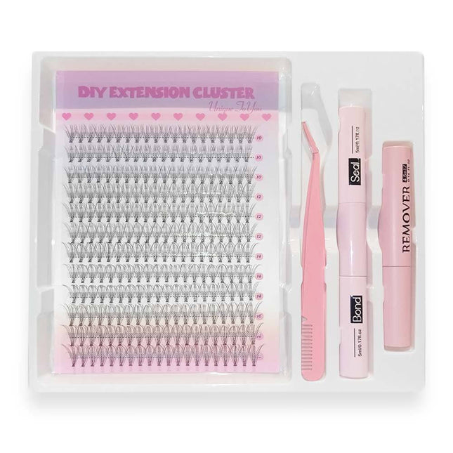 Ανοιχτό σετ DIY Extension Cluster με σειρές βλεφαρίδων μικτού μήκους, εργαλείο εφαρμογής, Bond & Seal και remover.