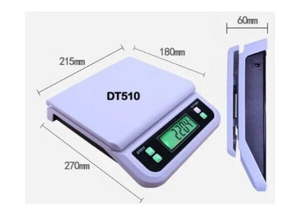 Διάγραμμα διαστάσεων της ζυγαριάς DT510 με συνολικό μήκος 270 mm, πλάτος 215 mm και ύψος 60 mm.
