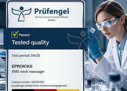 Γραφικό Prüfengel με την ονομασία Eproicks EMS neck massager και περίοδο ελέγχου 04/25.
