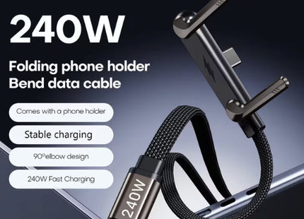 Καλώδιο USB-C 240W με πλεκτή επένδυση, γωνιακό βύσμα και αναδιπλούμενα στηρίγματα κινητού.
