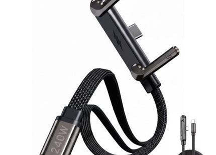 Μαύρο πλεκτό καλώδιο EZRA DC422 USB-C σε USB-C 240W με ενσωματωμένη αναδιπλούμενη βάση κινητού.