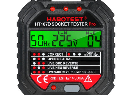 Μαύρος ψηφιακός ελεγκτής πρίζας HABOTEST HT107D Pro με πράσινη οθόνη LCD, τρεις κόκκινες ενδείξεις και πλήκτρο δοκιμής RCD.
