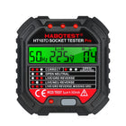 Μαύρος ψηφιακός ελεγκτής πρίζας HABOTEST HT107D Pro με πράσινη οθόνη LCD, τρεις κόκκινες ενδείξεις και πλήκτρο δοκιμής RCD.