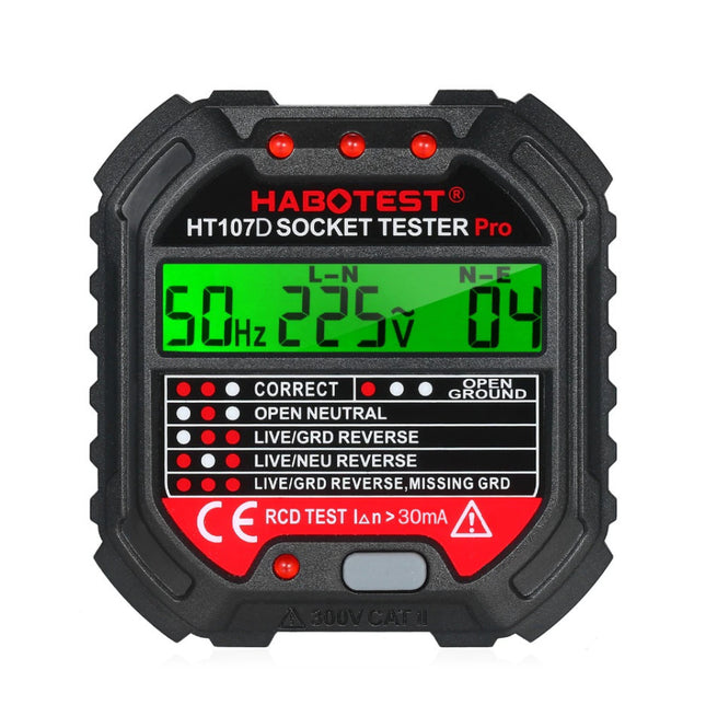 Μαύρος ψηφιακός ελεγκτής πρίζας HABOTEST HT107D Pro με πράσινη οθόνη LCD, τρεις κόκκινες ενδείξεις και πλήκτρο δοκιμής RCD.