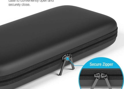 Κοντινή όψη της μαύρης θήκης Nintendo Switch με δύο μεταλλικά φερμουάρ.