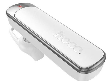 Πλάγια όψη λευκού Hoco E201 Bluetooth handsfree με ασημί περίγραμμα.