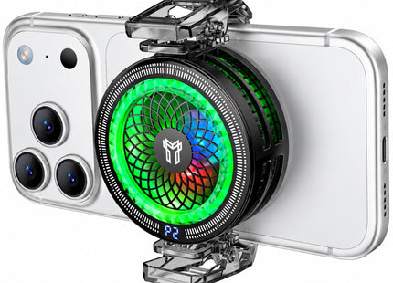 Hoco GA6 μαύρο cooler κινητού με RGB φωτισμό και κλιπ, τοποθετημένο στην πλάτη τηλεφώνου.