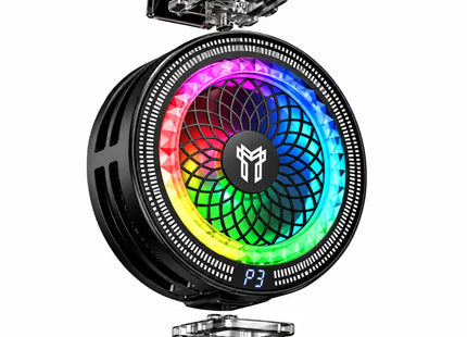 Μπροστινή όψη του Hoco GA6 cooler με πολύχρωμο RGB δακτύλιο, ένδειξη P3 και αποσπώμενα κλιπ.